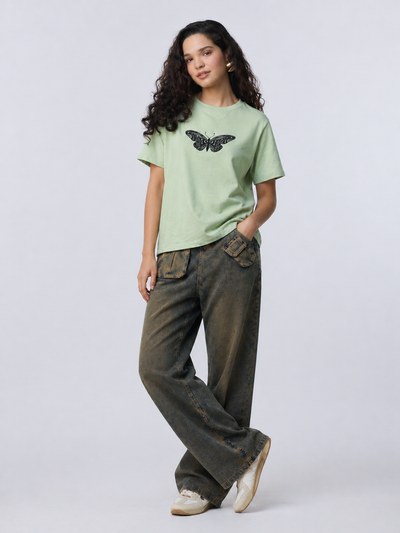 Women’s Sage Green Butterfly Graphic Printed T-Shirt | Casual Cotton Round Neck Oversized Tee