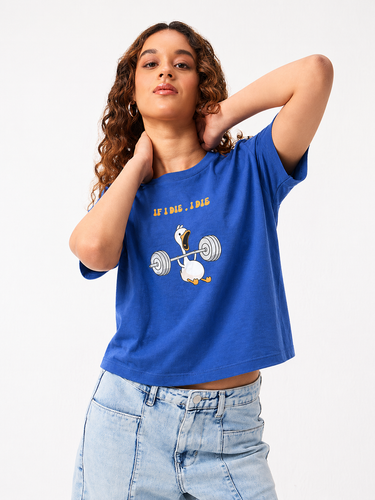 Women’s Royal Blue Graphic Printed Cotton T-Shirt | Casual Round Neck Duck Print Tee