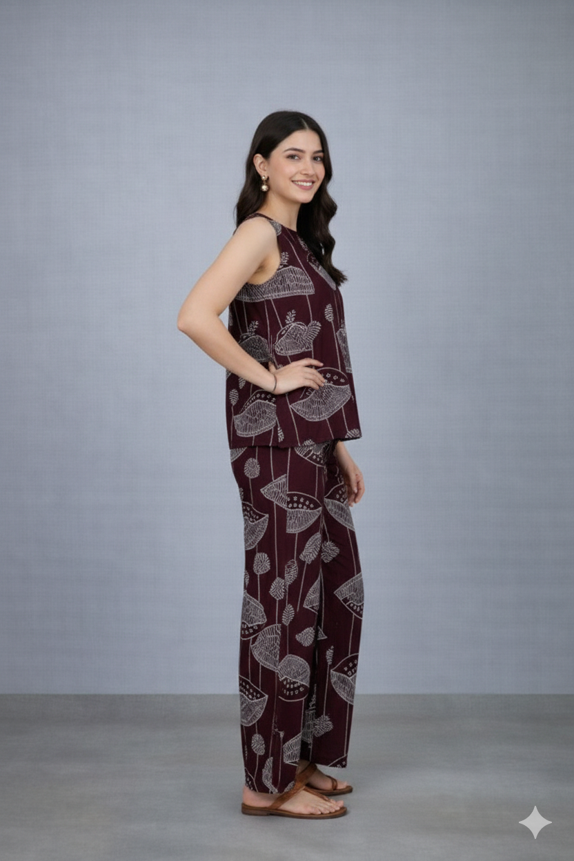 Maroon Abstract Print Top & Pant Co-ord Set