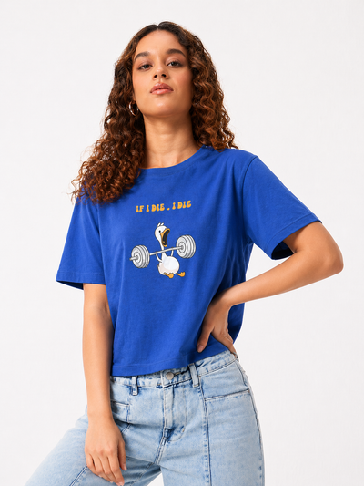 Women’s Royal Blue Graphic Printed Cotton T-Shirt | Casual Round Neck Duck Print Tee