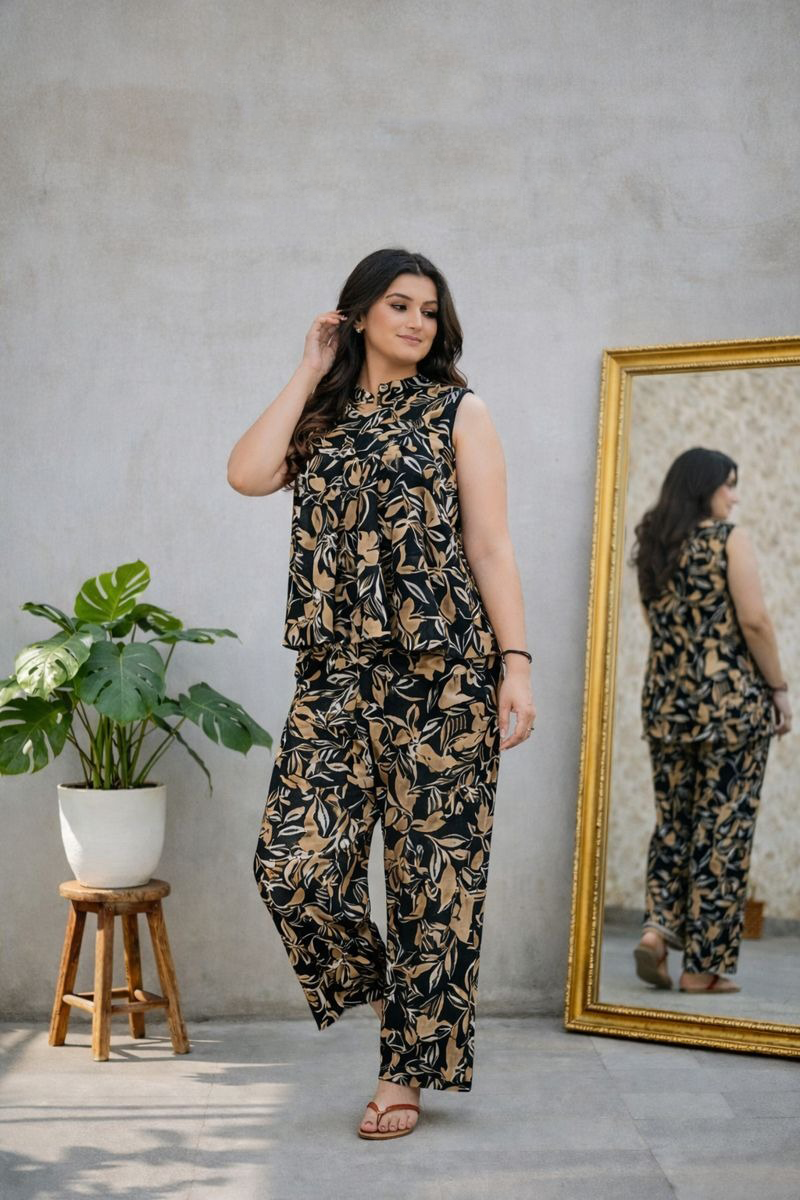 Black Leaf Print Top & Pant Co-ord Set