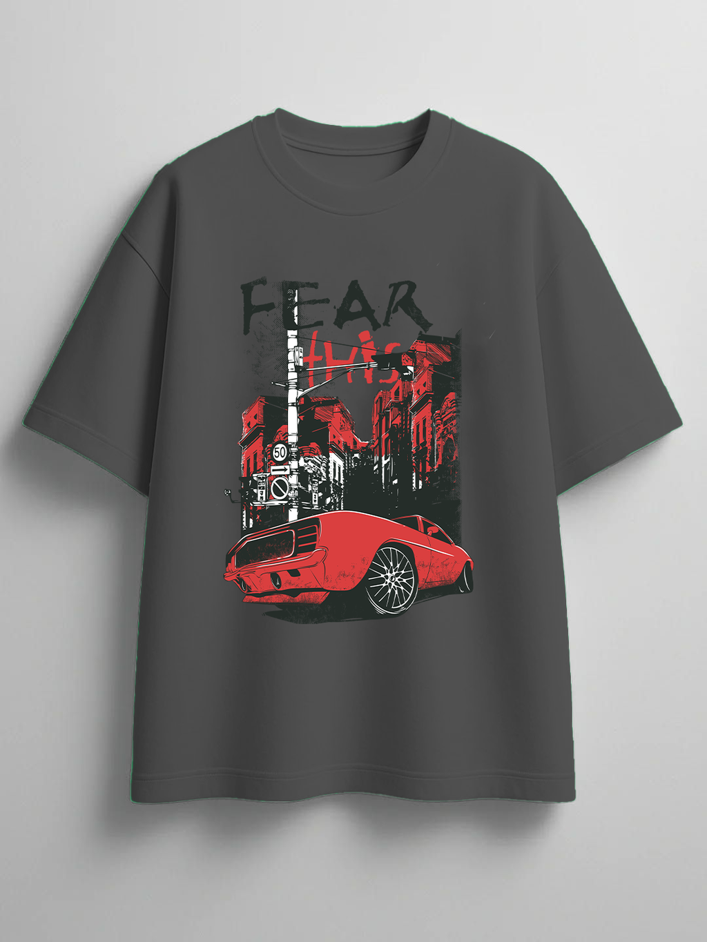 Men’s Oversized Graphic T-Shirt – “Fearless Drive” Car & City Print
