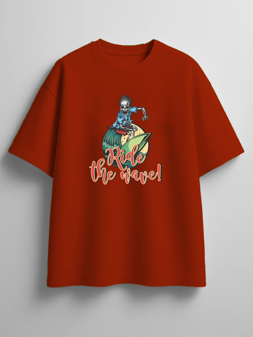 Men’s Oversized Printed T-Shirt – Ride the Wave Skeleton Surfer
