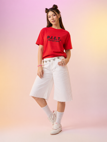 Women’s Red Graphic Printed Crop T-Shirt | Casual Cotton Round Neck Statement Tee