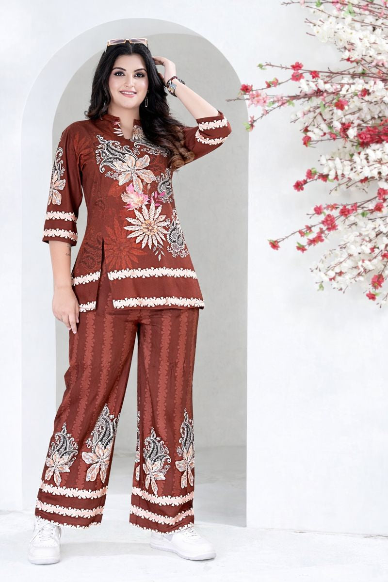 Rust Floral Print Kurta & Palazzo Co-ord Set