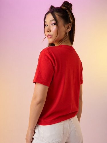 Women’s Red Graphic Printed Crop T-Shirt | Casual Cotton Round Neck Statement Tee