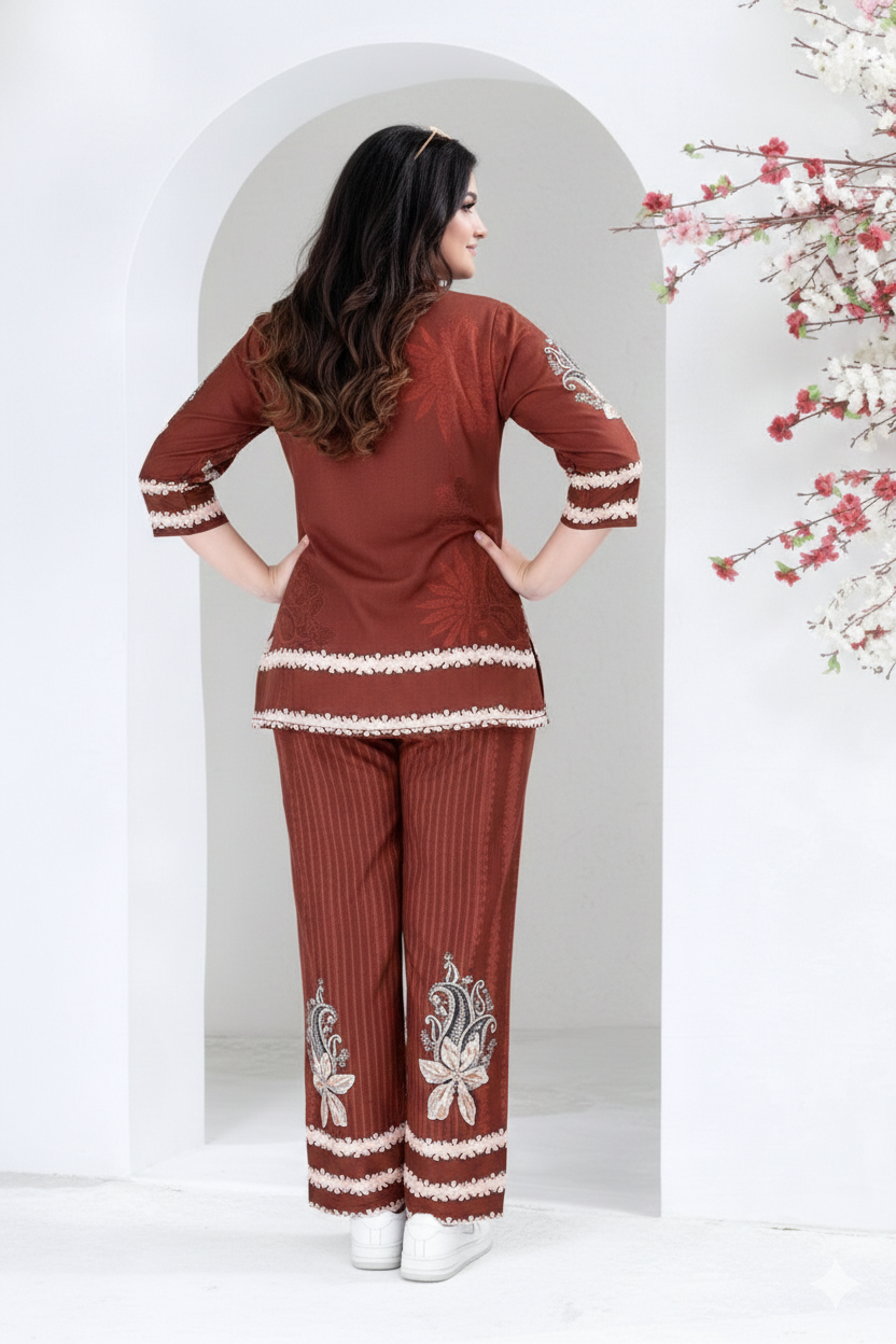 Rust Floral Print Kurta & Palazzo Co-ord Set