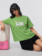 Women’s Lime Green Graphic Printed Cotton T-Shirt | Casual Round Neck Oversized Statement Tee