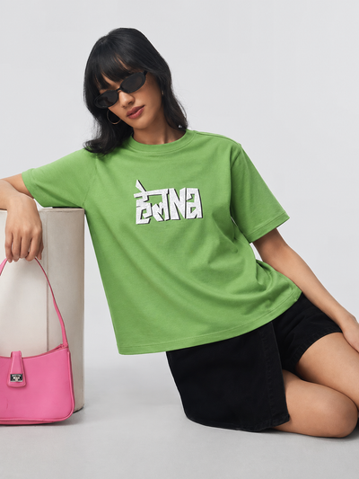 Women’s Lime Green Graphic Printed Cotton T-Shirt | Casual Round Neck Oversized Statement Tee