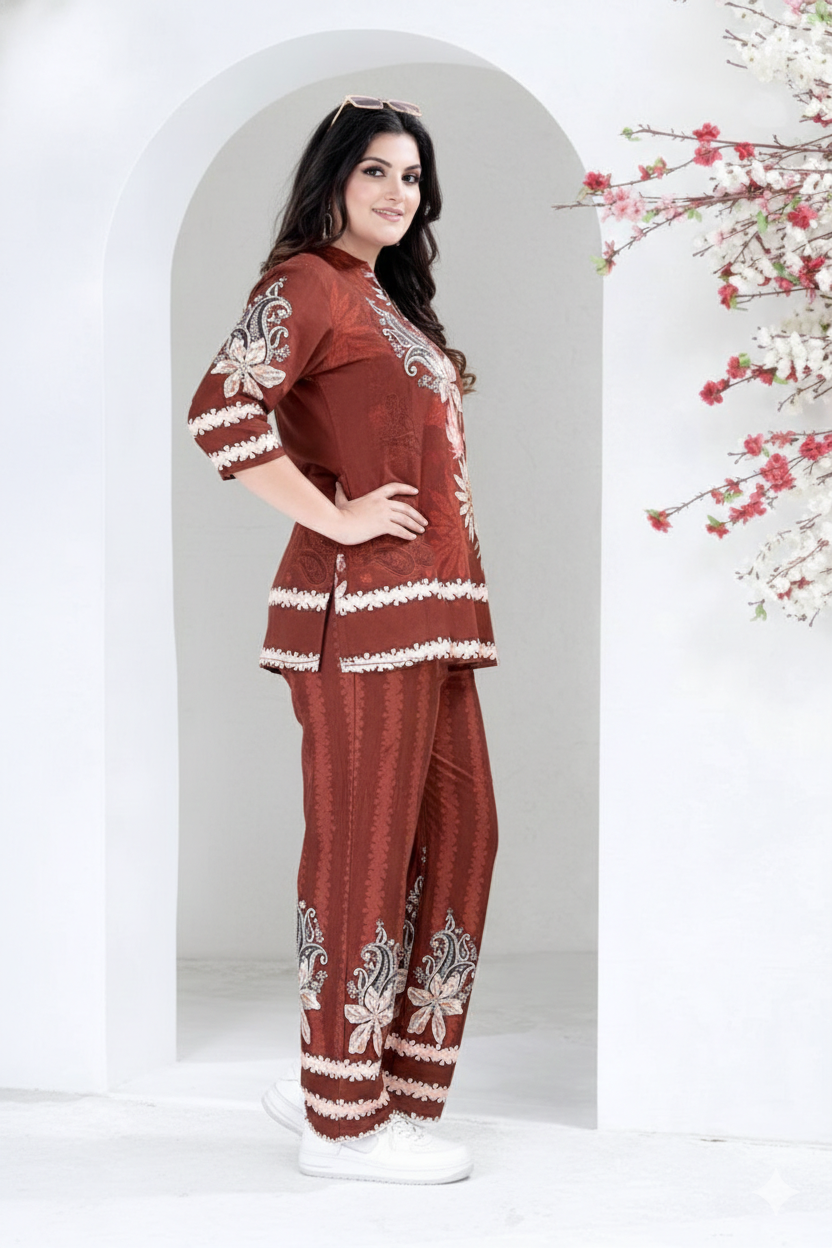 Rust Floral Print Kurta & Palazzo Co-ord Set