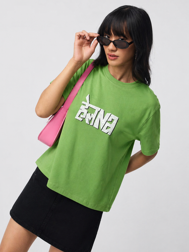 Women’s Lime Green Graphic Printed Cotton T-Shirt | Casual Round Neck Oversized Statement Tee