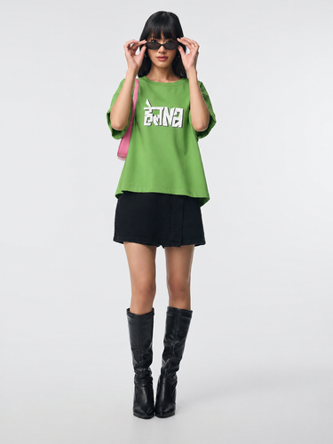 Women’s Lime Green Graphic Printed Cotton T-Shirt | Casual Round Neck Oversized Statement Tee