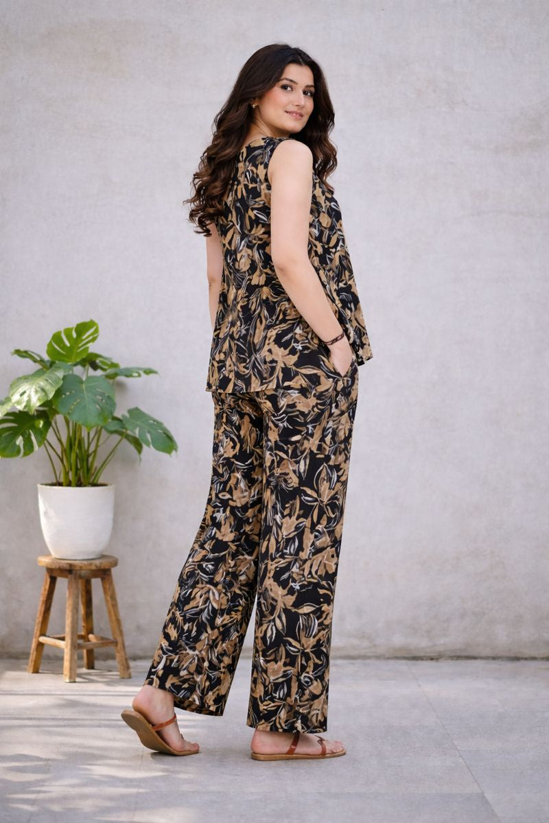 Black Leaf Print Top & Pant Co-ord Set