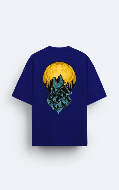 Men's Dark Blue 'Howling Wolf & Full Moon' Graphic Back Print T-Shirt