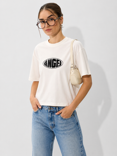 Women’s White Angel Graphic Printed Crop T-Shirt | Casual Cotton Round Neck Statement Tee