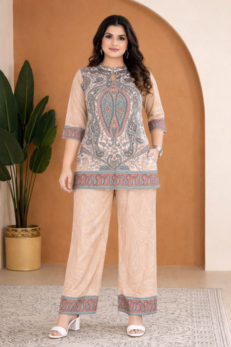 Beige Ethnic Print Kurta & Palazzo Co-ord Set