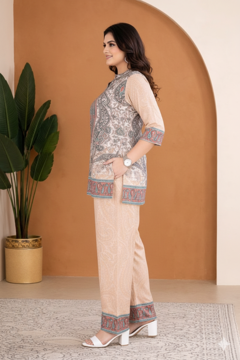 Beige Ethnic Print Kurta & Palazzo Co-ord Set