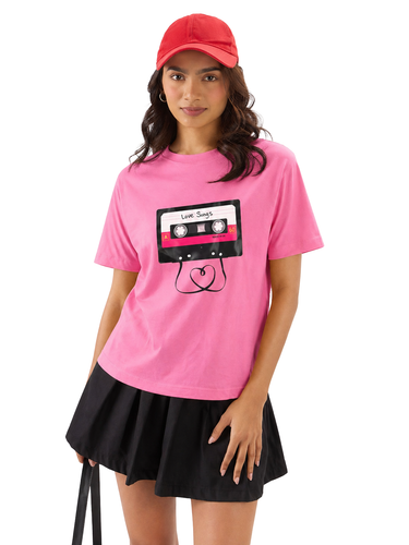 Women’s Hot Pink Graphic Printed Cotton T-Shirt | Casual Round Neck Love Songs Oversized Tee