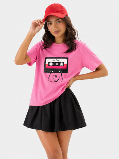Women’s Hot Pink Graphic Printed Cotton T-Shirt | Casual Round Neck Love Songs Oversized Tee