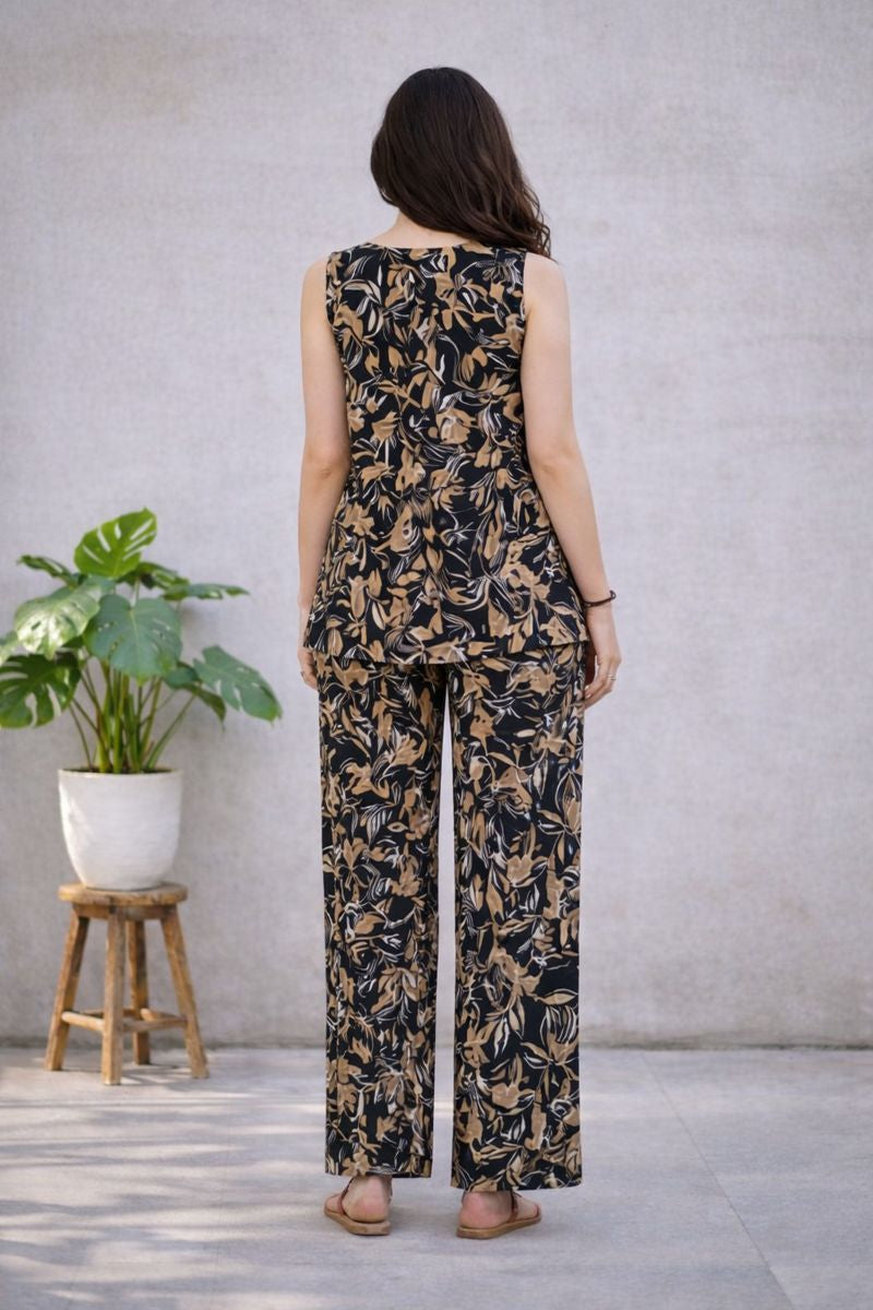 Black Leaf Print Top & Pant Co-ord Set