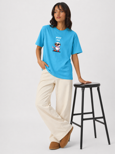 Women’s Sky Blue Oversized Graphic Printed T-Shirt | Casual Cotton Round Neck Tee