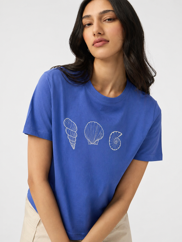 Women’s Royal Blue Seashell Graphic Printed Cotton T-Shirt | Casual Round Neck Minimalist Tee