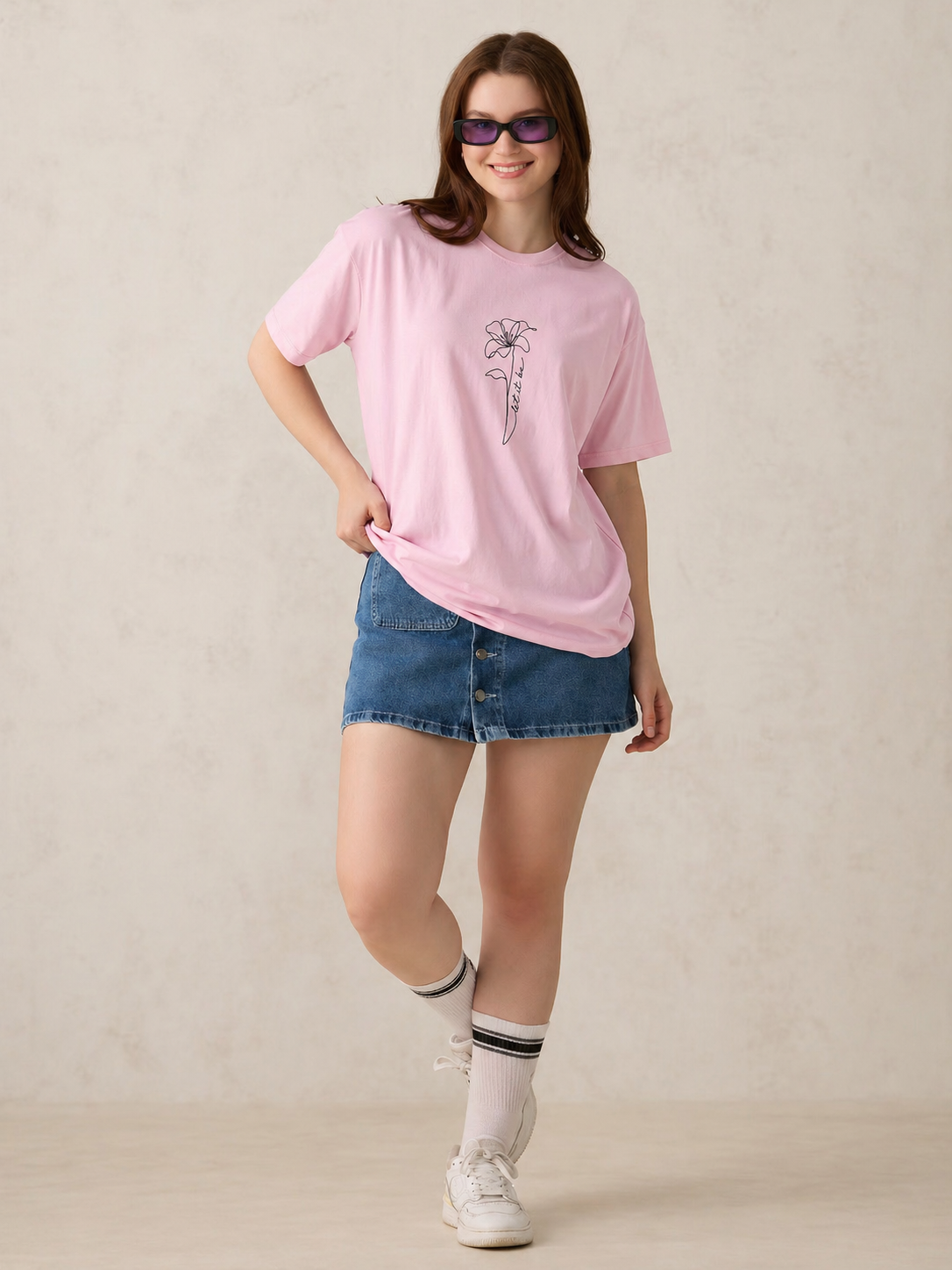 Women’s Baby Pink Floral Graphic Printed Cotton T-Shirt | Casual Oversized Round Neck Tee