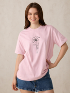 Women’s Baby Pink Floral Graphic Printed Cotton T-Shirt | Casual Oversized Round Neck Tee