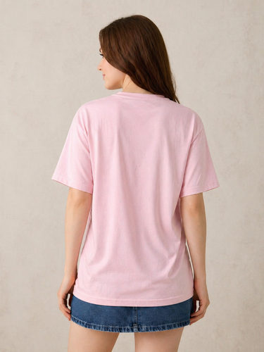 Women’s Baby Pink Floral Graphic Printed Cotton T-Shirt | Casual Oversized Round Neck Tee