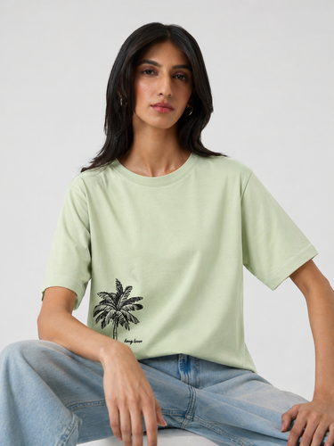 Women’s Sage Green Oversized Graphic T-Shirt | Casual Cotton Palm Print Round Neck Tee