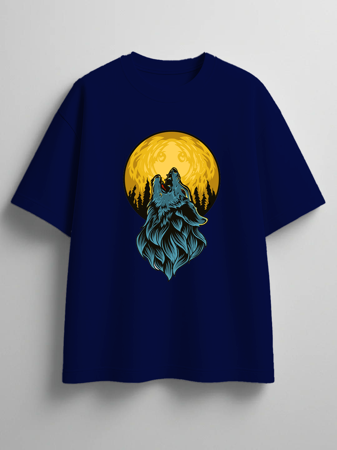 Men's Dark Blue 'Howling Wolf & Full Moon' Graphic Back Print T-Shirt