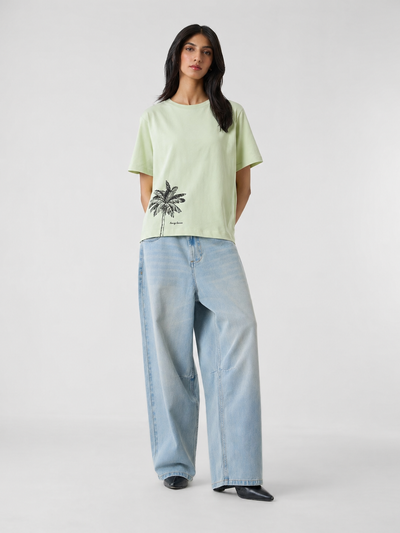 Women’s Sage Green Oversized Graphic T-Shirt | Casual Cotton Palm Print Round Neck Tee