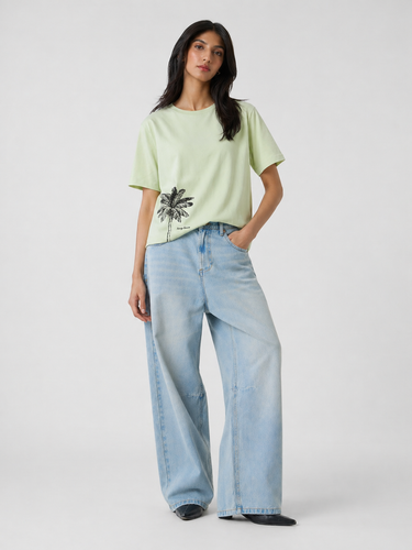 Women’s Sage Green Oversized Graphic T-Shirt | Casual Cotton Palm Print Round Neck Tee