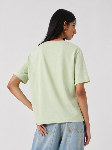 Women’s Sage Green Oversized Graphic T-Shirt | Casual Cotton Palm Print Round Neck Tee