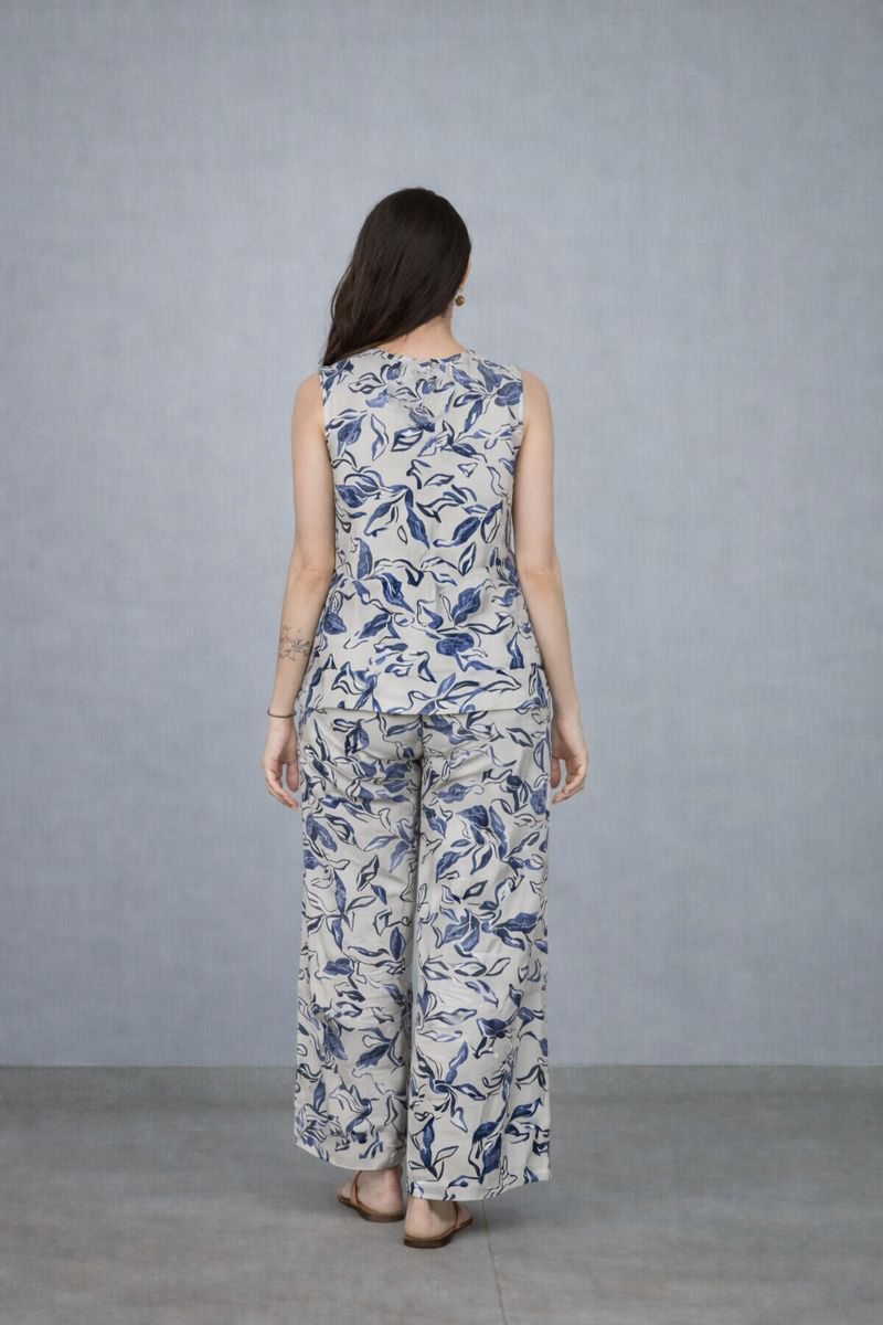 Cream Blue Leaf Print Top & Pant Co-ord Set