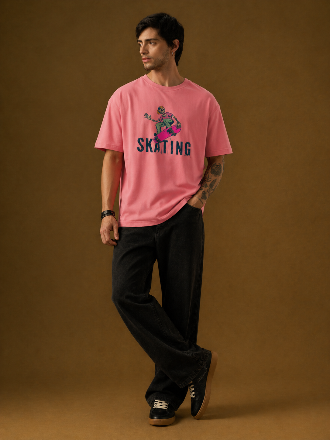 Men's Pink 'Skating Skeleton' Graphic T-Shirt