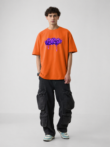 Karma Graffiti Men's Oversized Half Sleeve Orange Tee