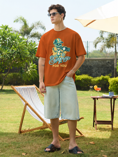 Men's Brown 'A Surprise For You' Skull Graphic Oversized T-Shirt