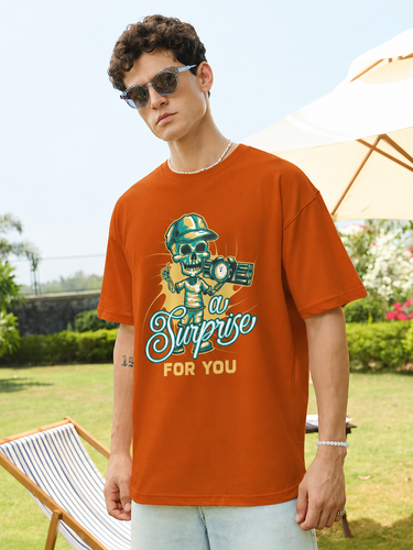 Men's Brown 'A Surprise For You' Skull Graphic Oversized T-Shirt