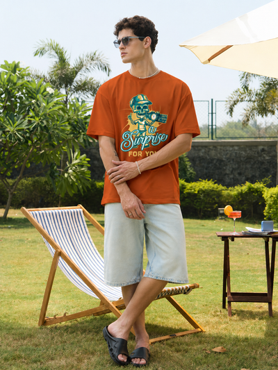 Men's Brown 'A Surprise For You' Skull Graphic Oversized T-Shirt