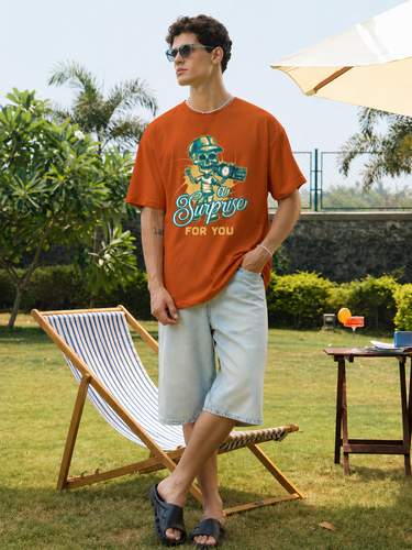 Men's Brown 'A Surprise For You' Skull Graphic Oversized T-Shirt