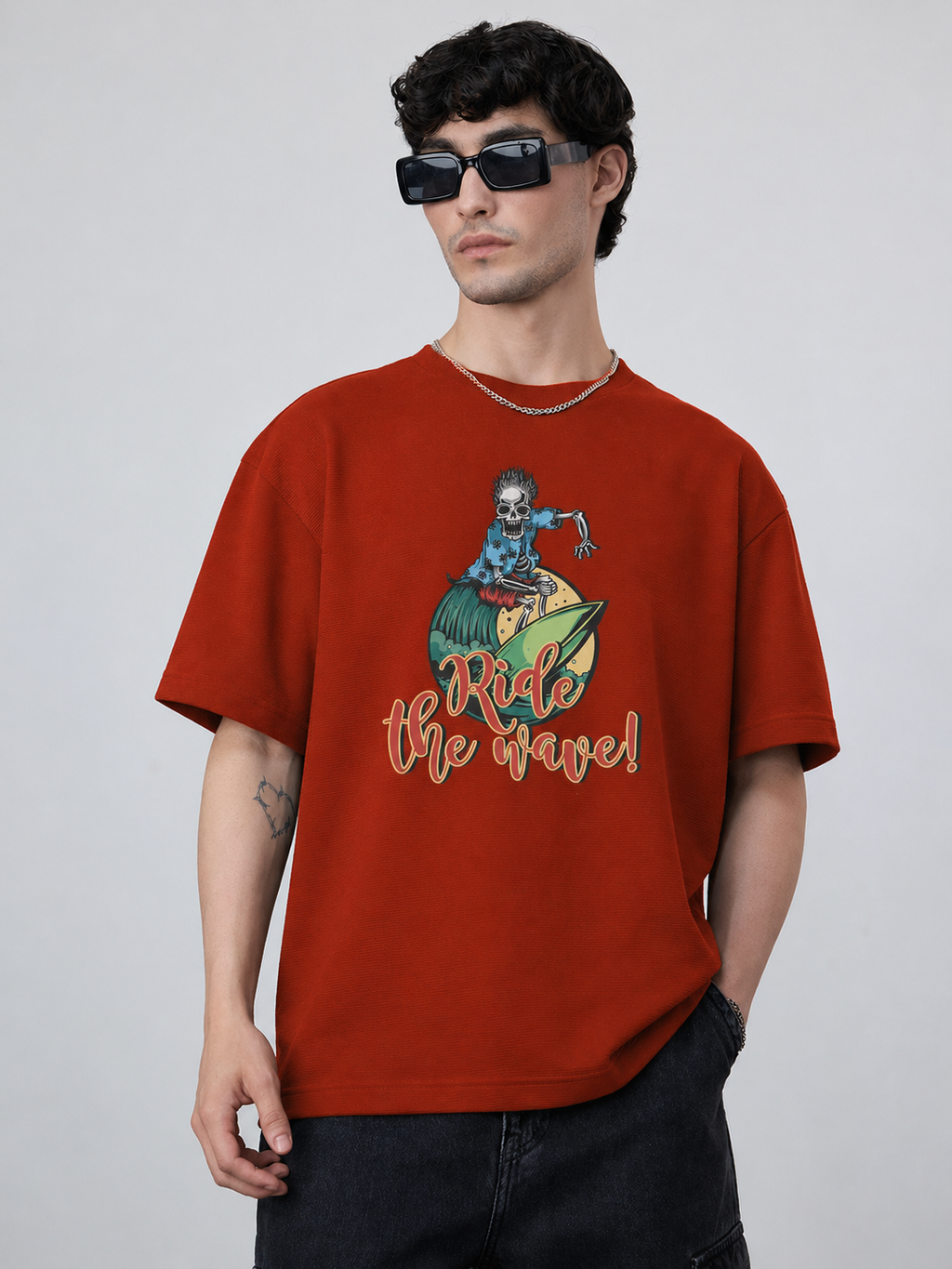 Men’s Oversized Printed T-Shirt – Ride the Wave Skeleton Surfer
