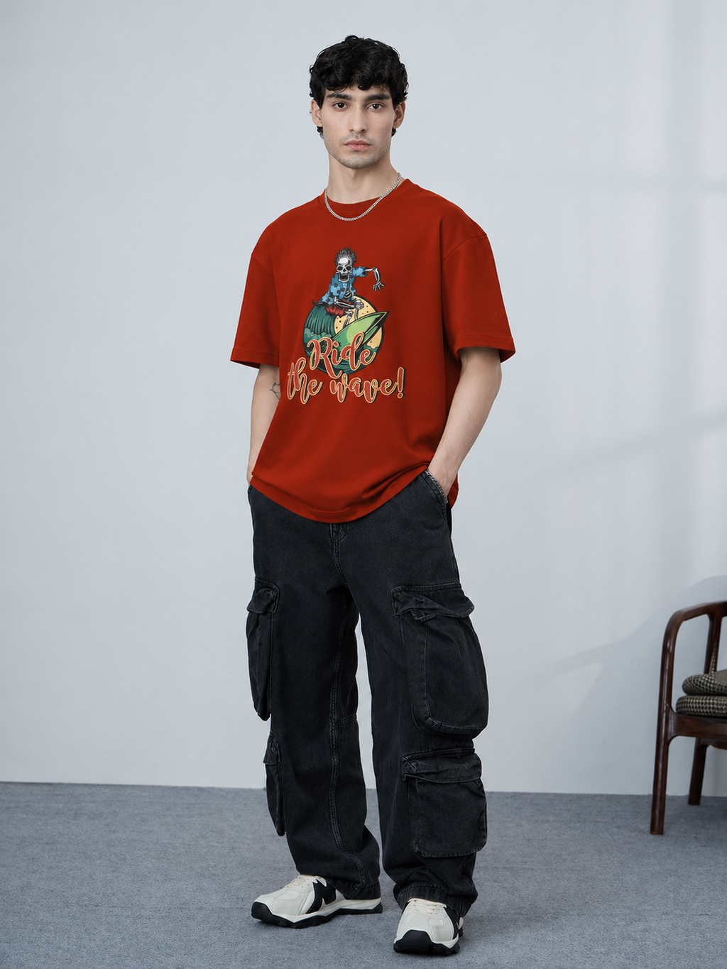 Men’s Oversized Printed T-Shirt – Ride the Wave Skeleton Surfer