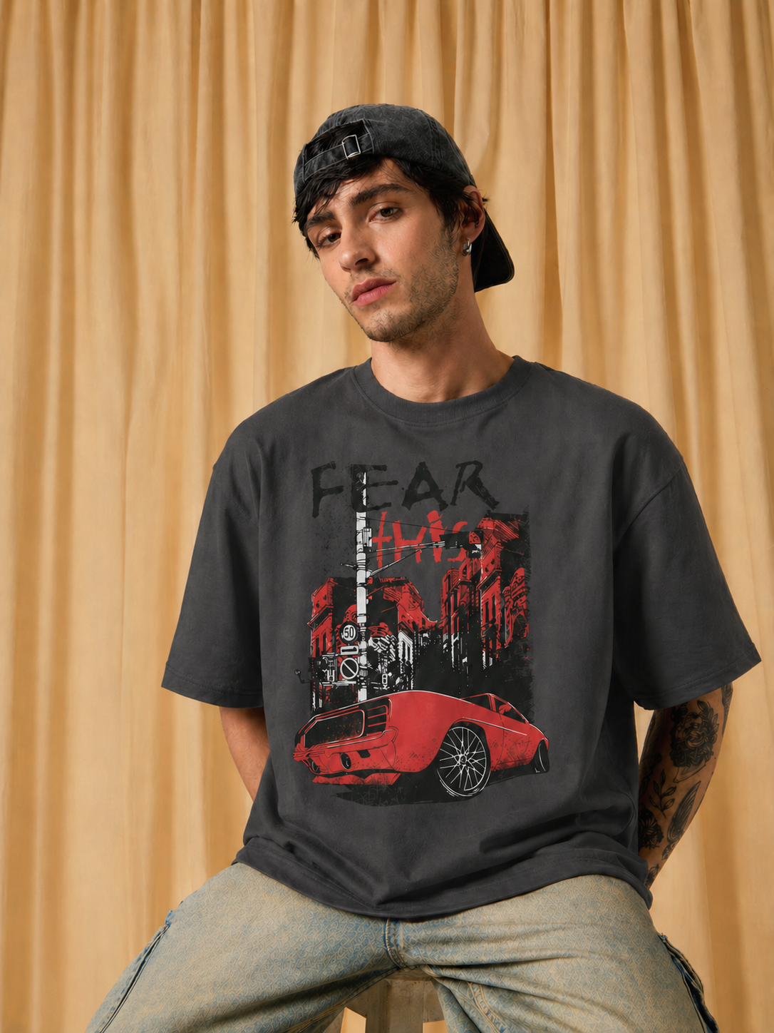 Men’s Oversized Graphic T-Shirt – “Fearless Drive” Car & City Print