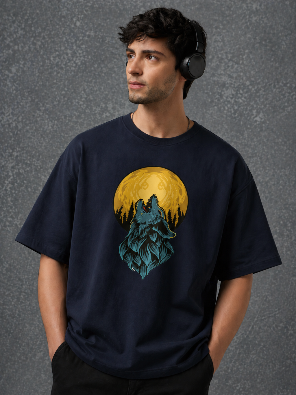 Men's Dark Blue 'Howling Wolf & Full Moon' Graphic Back Print T-Shirt