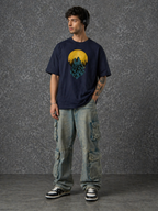 Men's Dark Blue 'Howling Wolf & Full Moon' Graphic Back Print T-Shirt