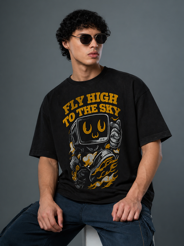 Men's Black 'Fly High to the Sky' Graphic Oversized T-Shirt