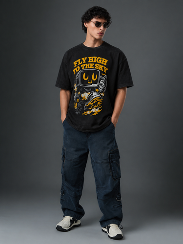 Men's Black 'Fly High to the Sky' Graphic Oversized T-Shirt
