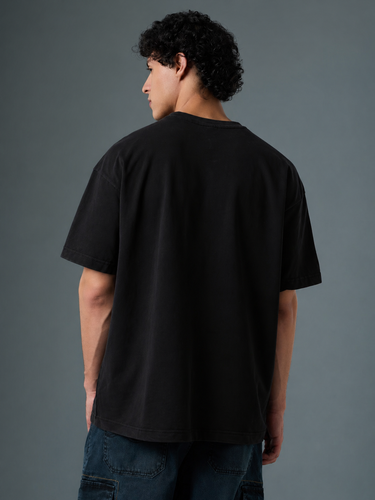 Men's Black 'Fly High to the Sky' Graphic Oversized T-Shirt