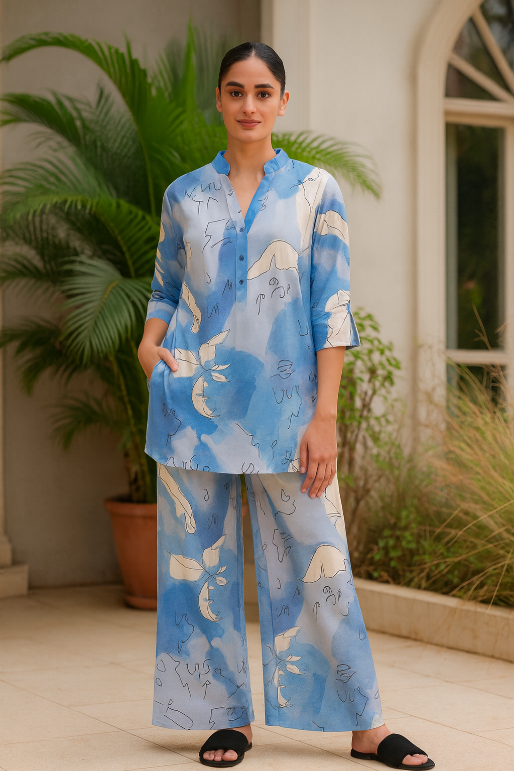 Women's Blue Abstract Print Kurti and Plaazo Co-Ord Set